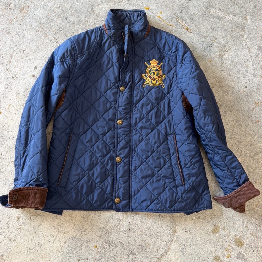 Ralph Lauren Sport Navy Quilted Equestrian Jacket Corduroy Trim Crest Womens M
